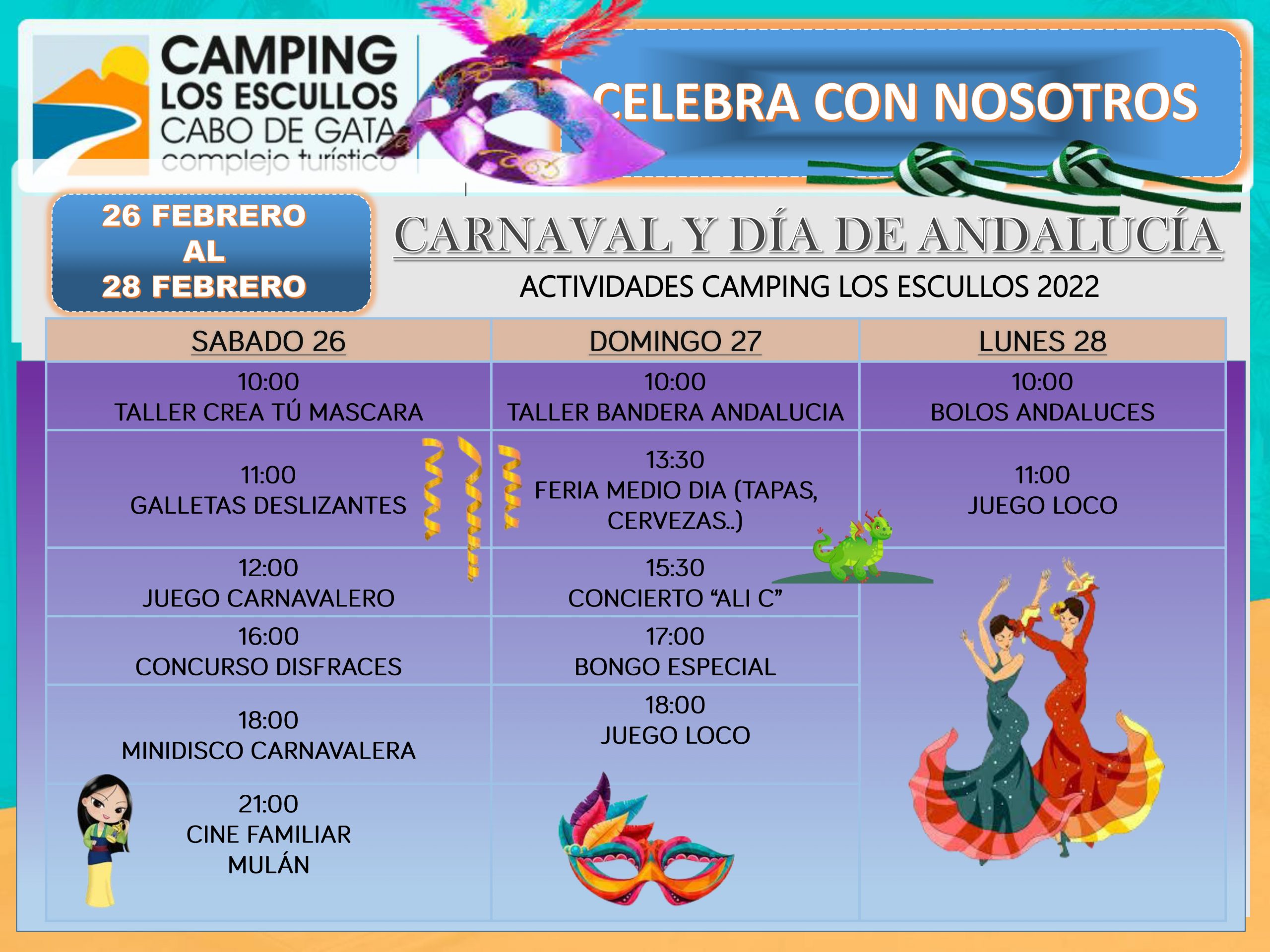 Animación Carnaval y Puente de Andalucía - Camping Los Escullos