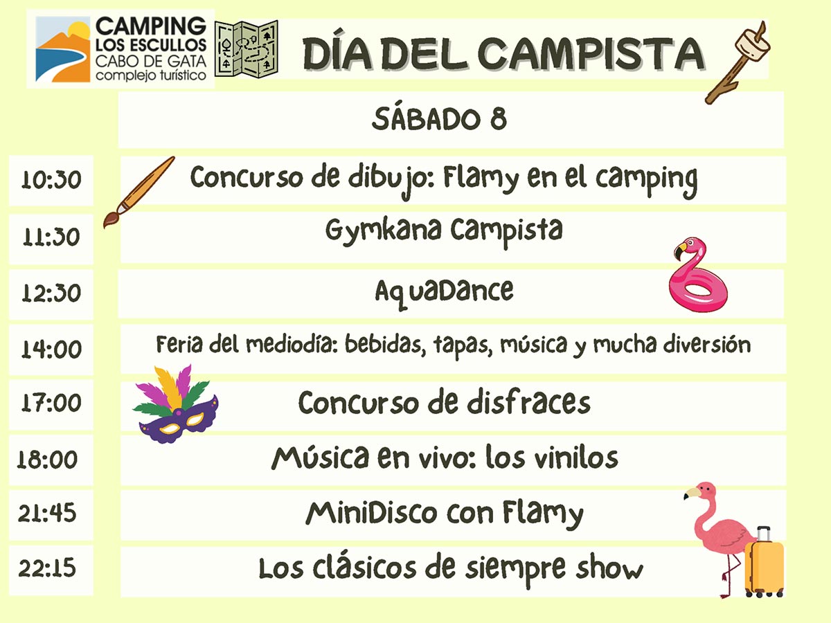 planning de animación fin de semana temático día del campista sábado 8 de agosto 2026